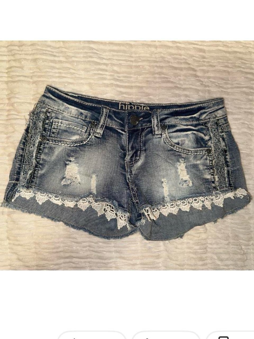 hippie laundry Distressed Denim Shorts with White Lace Trim - Blue